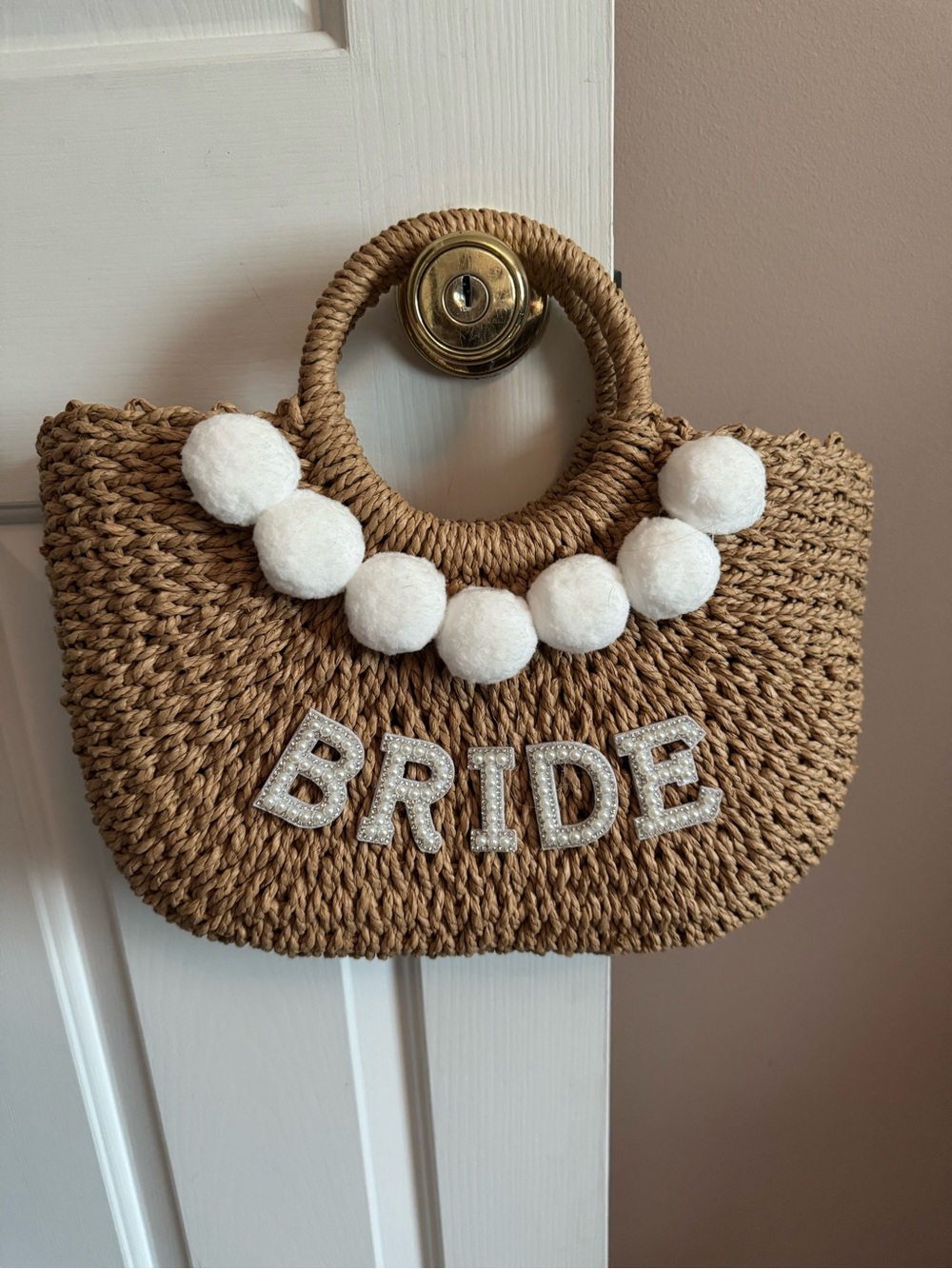 Bride Straw Tote with White Pom-Poms